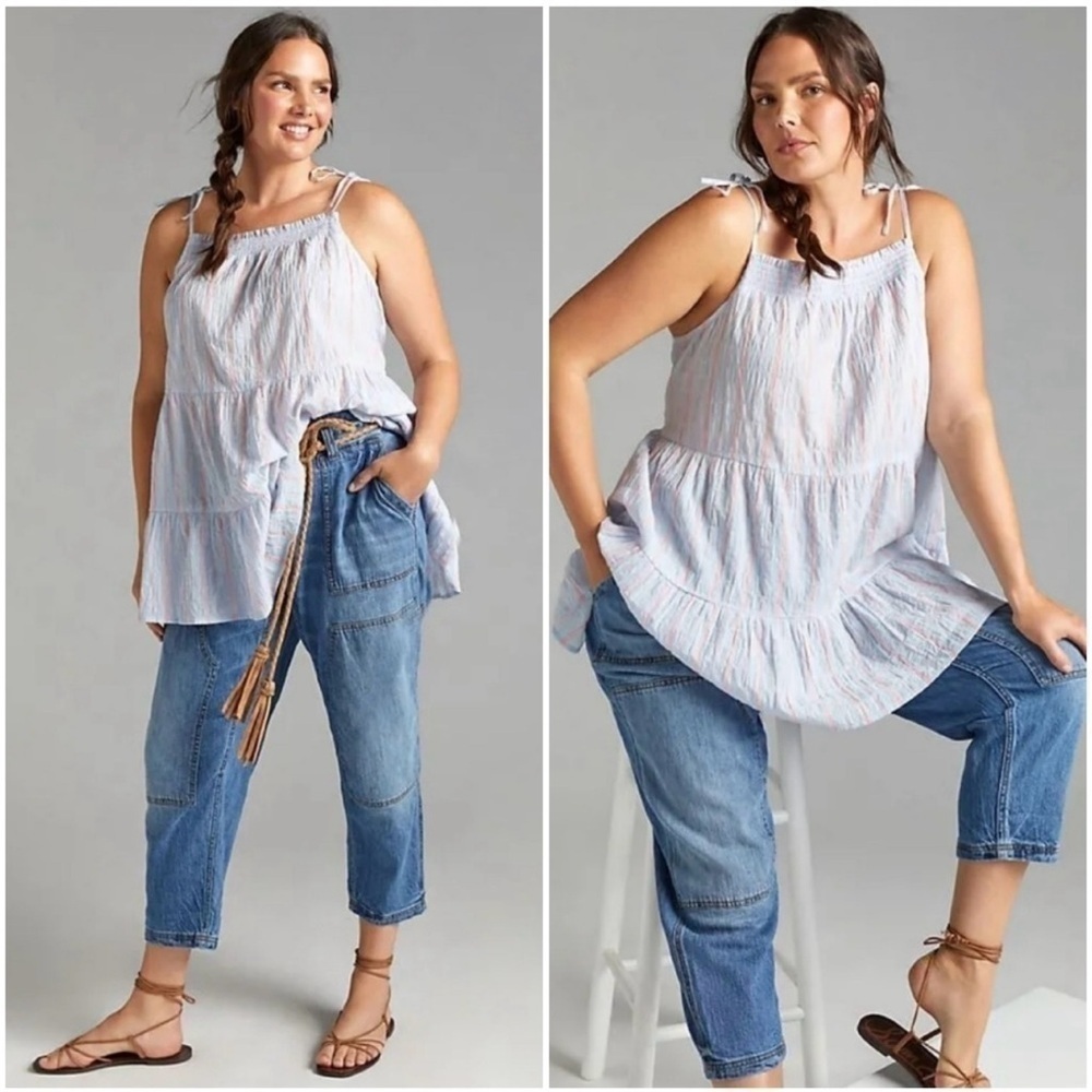 Maeve Anthro Striped Tiered Mini Cami Dress Smocked Gauze Babydoll Sundress - Lg